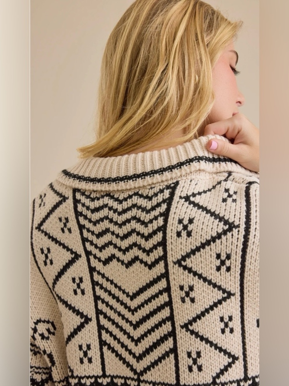 Altar'd State Naya Fair Isle Cardigan Cream Black Chunky Knit - Picture 4 of 10